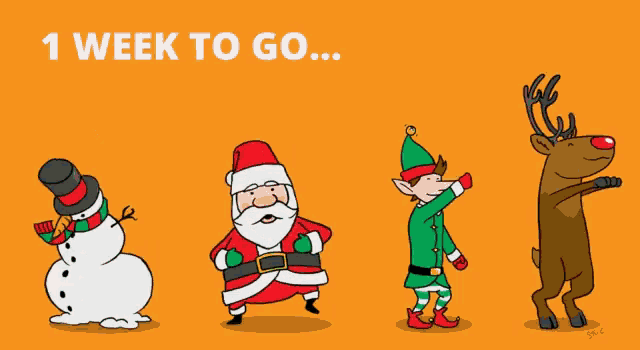 a cartoon of santa claus elf and reindeer with the words 1 week to go below them