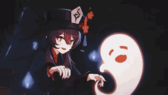 a girl in a top hat with flowers on it stands next to a ghost
