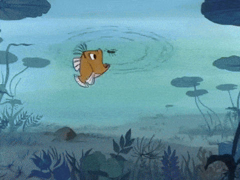 a cartoon drawing of a fish swimming in a pond