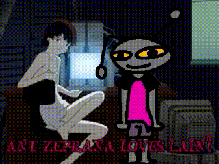 a cartoon of a girl sitting next to another girl with the words " ant zeprana loves lain " above them