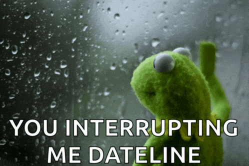 a kermit the frog looking out a window with the words you interrupting me dateline