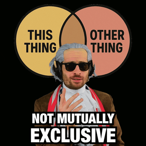 a man wearing headphones stands in front of a diagram that says this thing other thing not mutually exclusive