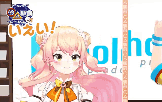 a girl with pink hair is standing in front of a sign that says ' olho pi '