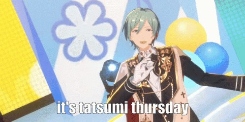 a cartoon character says it 's tatsumi thursday in front of a flower and balloons