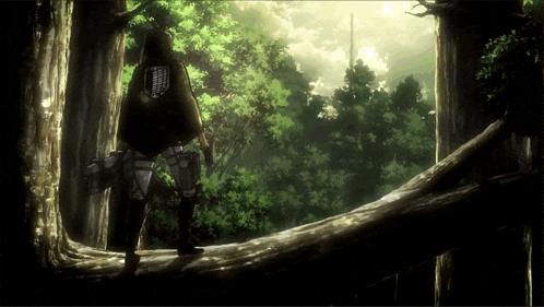a man in a cape is standing on a log in the woods