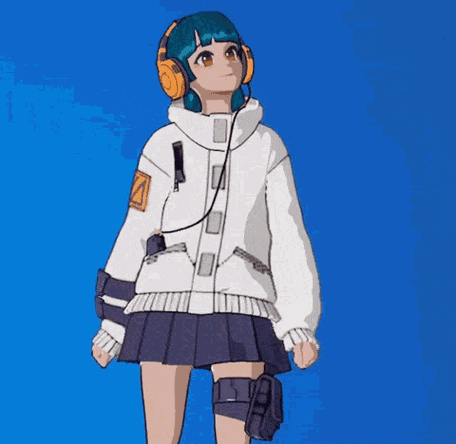 a cartoon girl with headphones and a gun is standing in front of a blue background .