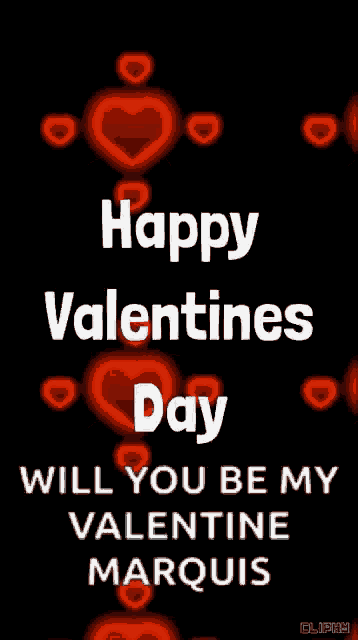 happy valentines day will you be my valentine marquis with red hearts on a black background