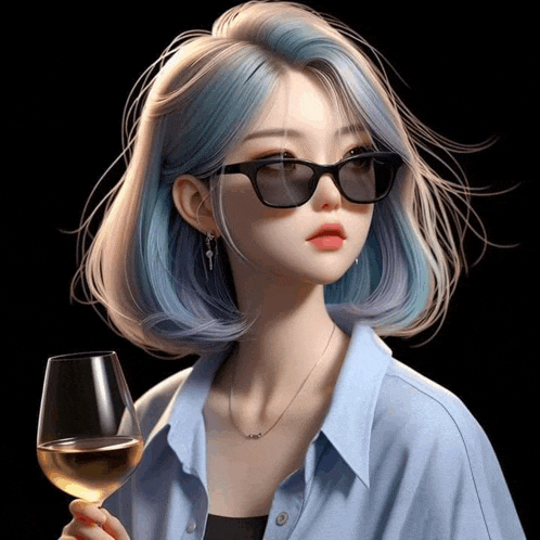 a girl with blue hair and sunglasses is holding a glass of white wine