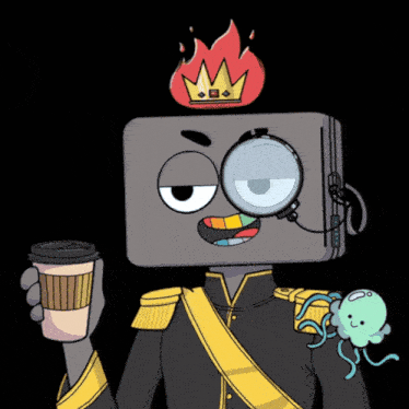 a cartoon character is holding a cup of coffee and has a magnifying glass on his eye