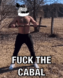 a man without a shirt is holding a stick with the words fuck the cabal written on it