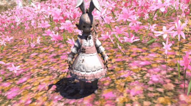 a little girl in a pink and white dress stands in a field of pink flowers