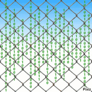 a chain link fence with a blue sky in the background and green numbers on it