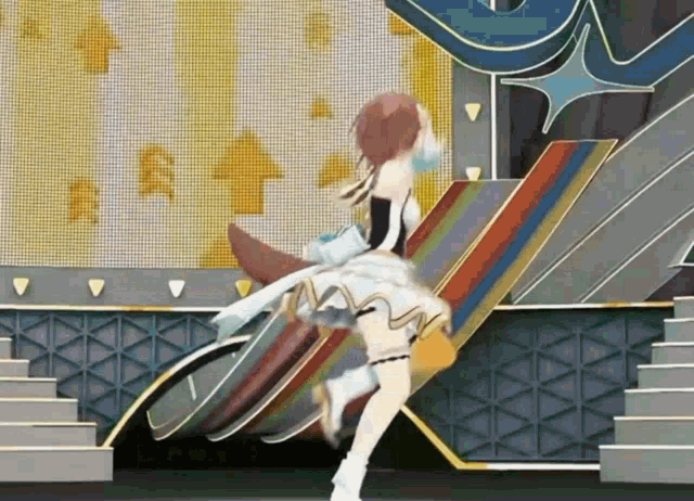a girl in a white dress is dancing on a stage with stairs