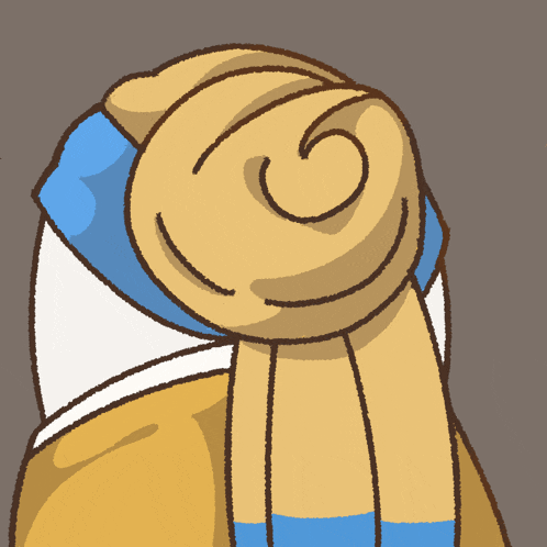 a cartoon drawing of a person with a blue and white scarf around their neck