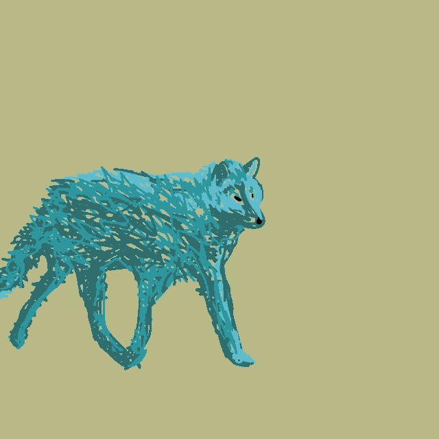 a drawing of a blue wolf walking on a tan background