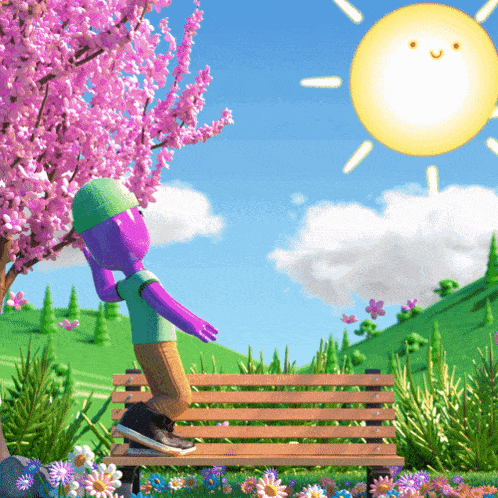 a purple cartoon character is standing on a wooden bench