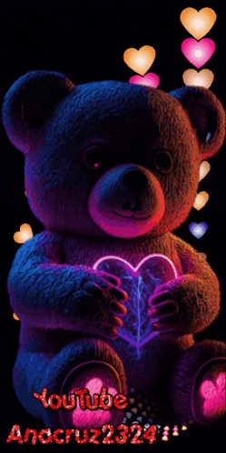 a teddy bear is holding a glowing heart with youtube anacruz23234 written below it