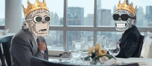 two monkeys wearing crowns sit at a table