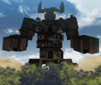 a robot with horns is standing in the middle of a field