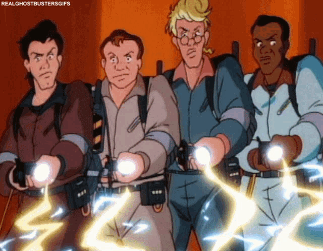 a group of ghostbusters standing next to each other holding lightning bolts