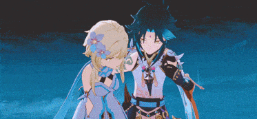a girl with a flower in her hair is standing next to a boy