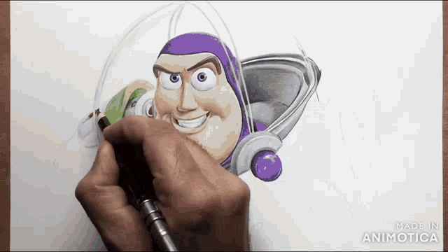 a person is drawing buzz lightyear with a pencil
