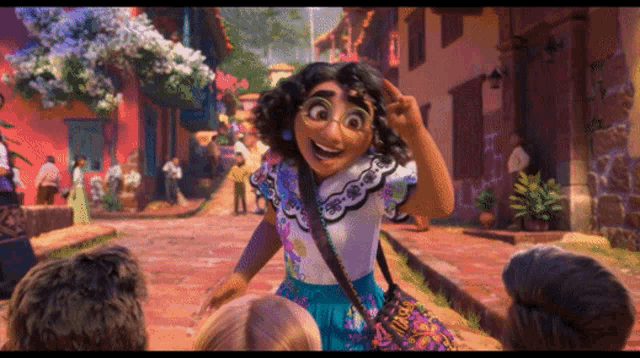 a cartoon character is giving a peace sign while standing on a street