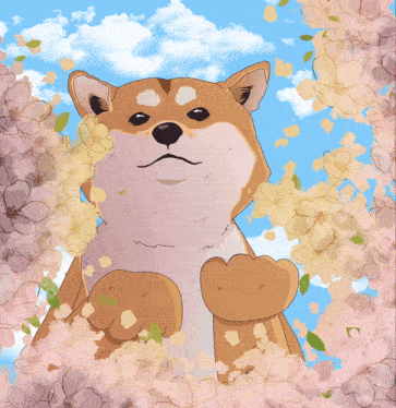 a cartoon dog is giving the middle finger with flowers in the background