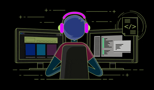 a person wearing headphones is sitting in front of a computer screen