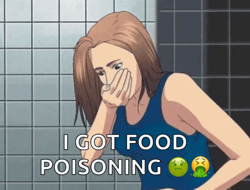 a woman covering her mouth with her hand and the words i got food poisoning