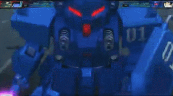 a blue robot with red eyes and the number 1 on its chest is in a video game .