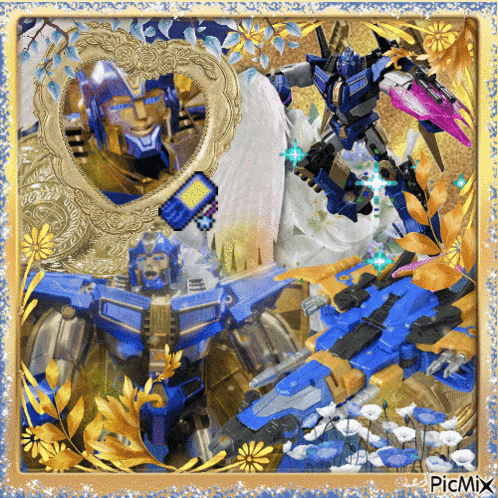 a picture of a robot with a picture of a man in a heart shaped frame and the words picmix on the bottom