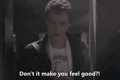 a man in a leather jacket is saying `` don t it make you feel good ? ''