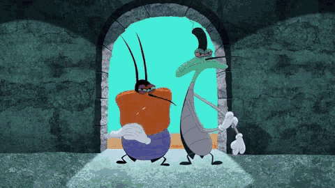 two cartoon characters are standing next to each other in front of an archway
