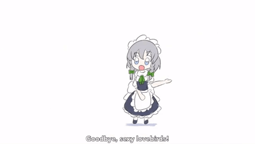 a cartoon girl in a maid outfit is dancing and saying goodbye , sexy lovebirds .