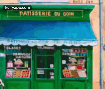a painting of a pastry shop with a green awning
