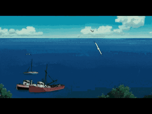 a red boat in the middle of the ocean with birds flying overhead