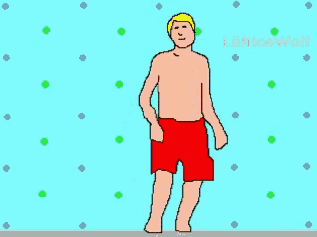 a cartoon of a shirtless man in red shorts dancing on a blue background .