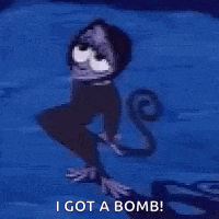 a cartoon monkey is standing on a rock and says `` i got a bomb ! ''