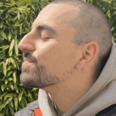 a man with a beard is wearing a grey hoodie
