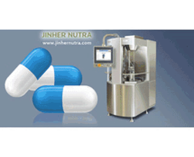 blue and white pills next to a machine that says jinher nutra on it