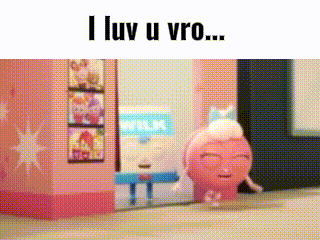 a cartoon character says i luv u vro in front of a pink box