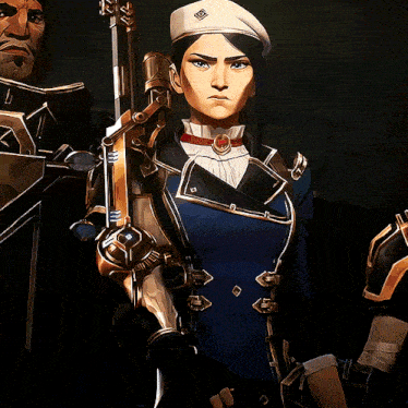 a woman in a beret is holding a gun in a video game