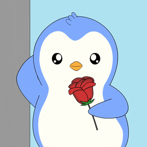 a blue penguin holding a red rose in its beak