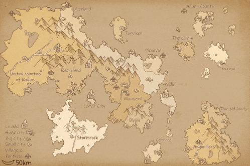 a map of a fantasy world shows the united counties of raddus