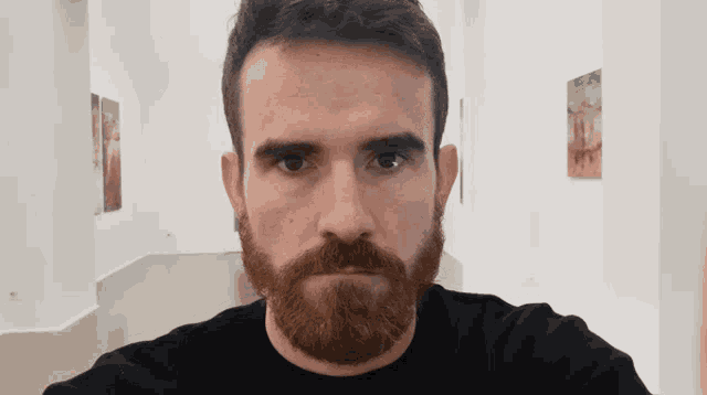 a man with a beard wearing a black shirt is taking a selfie