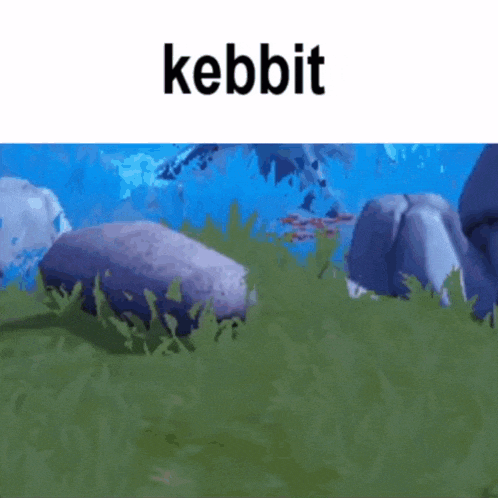 a video game scene with a rock in the grass and the word kebbit on the bottom