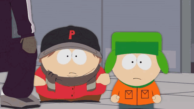 two south park characters standing next to each other with one wearing a baseball cap with the letter p on it