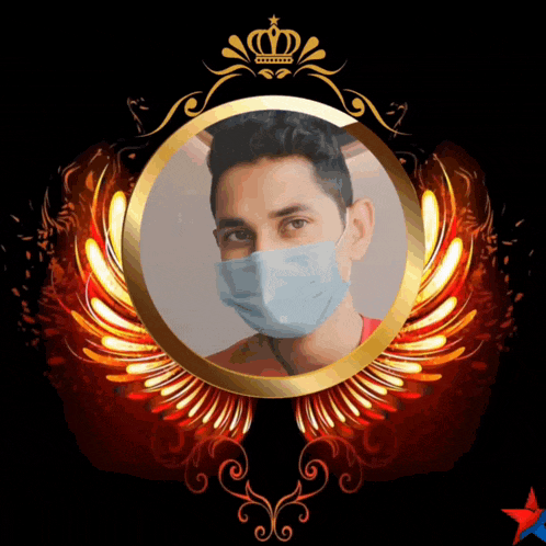 a man wearing a face mask is in a gold circle