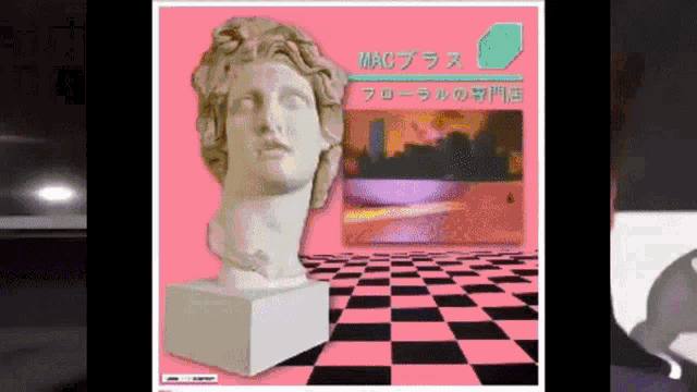a statue of a woman 's head on a pink background with a checkered floor